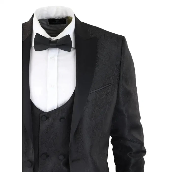 Close-up of men's black paisley tuxedo jacket with satin lapels, detailed pattern, tailored fit, formal wear for events