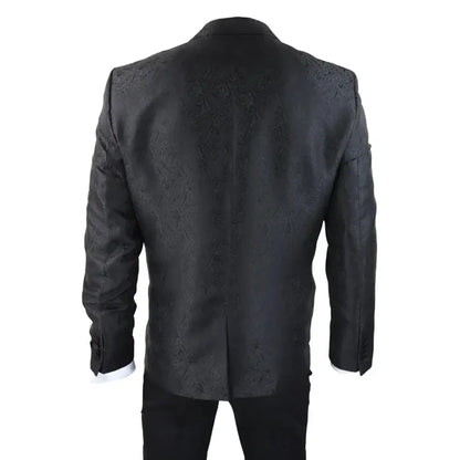 Back view of men's black paisley tuxedo blazer with subtle pattern, structured shoulders, perfect for black tie events
