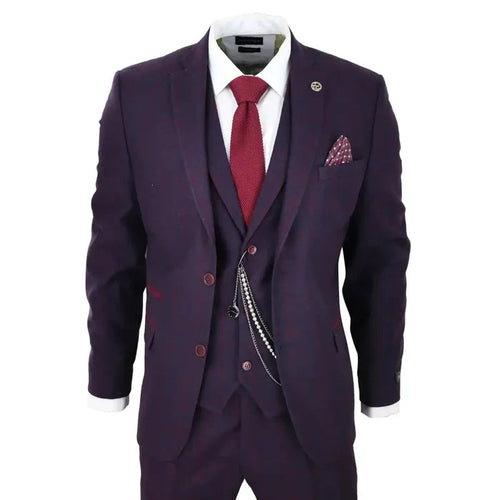 Men's 3-piece suit with wool tweed fabric in plum wine check pattern, featuring a tailored blazer, vest, and matching trousers, ideal for formal occasions.