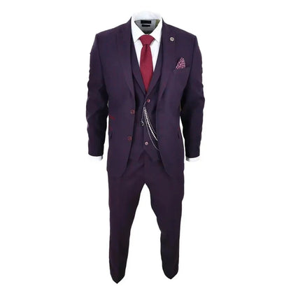 Close-up of men's plum wine check wool tweed suit jacket with notch lapel, red accents, and decorative chain accessory, emphasizing fabric details.
