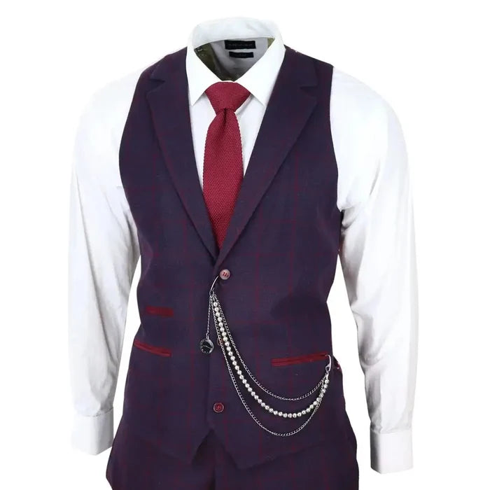 Men's 3 piece suit with wool tweed fabric in plum wine check pattern, featuring a tailored blazer, vest, and matching trousers, styled with a white shirt and red tie.