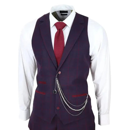 Men's 3 piece suit with wool tweed fabric in plum wine check pattern, featuring a tailored blazer, vest, and matching trousers, styled with a white shirt and red tie.