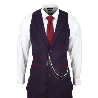Close-up of the men's wool tweed 3 piece suit in plum wine check, showing the blazer's front with chains and red accents, paired with a white shirt and red tie.