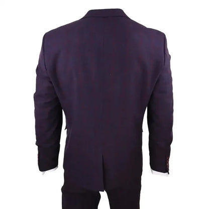 Back view of the men's wool tweed 3 piece suit in plum wine check, highlighting the tailored fit and fabric pattern, worn with a white shirt and red tie.