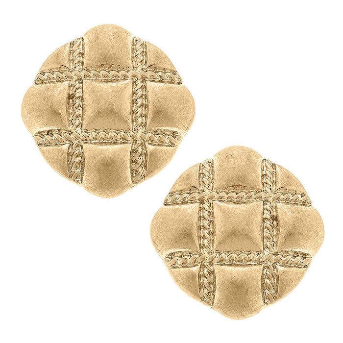 Sunnie Quilted Metal Statement Stud Earrings in Worn Gold