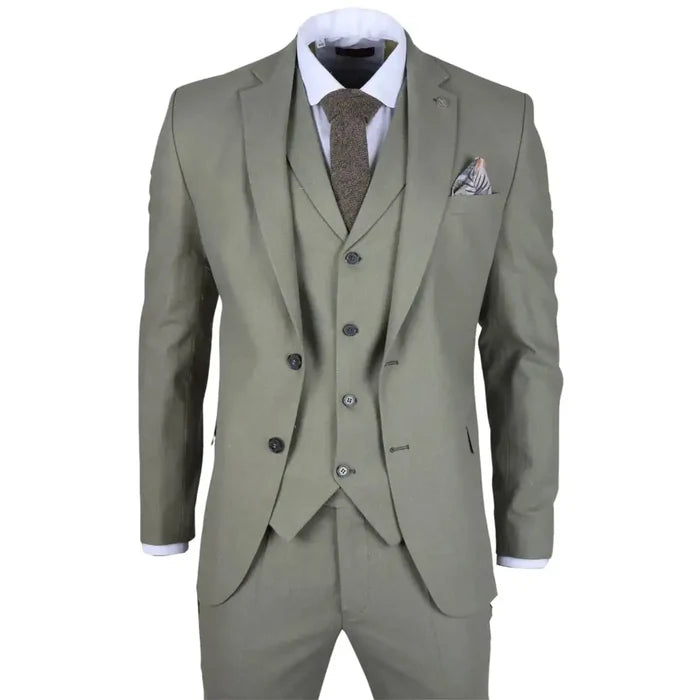 Men's sage green 3-piece linen summer wedding suit with tailored blazer, vest, and pants, paired with a white shirt and brown tie
