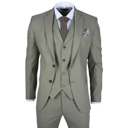 Men's sage green 3-piece linen summer wedding suit with tailored blazer, vest, and pants, paired with a white shirt and brown tie