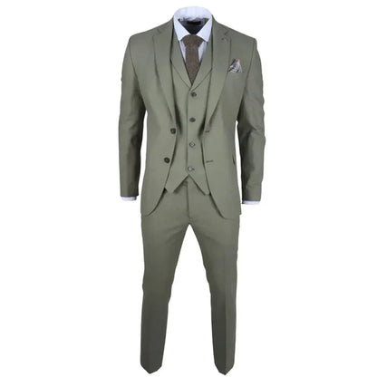 Close-up of sage green men's suit jacket with notch lapel, pocket square, and button details, suitable for summer weddings