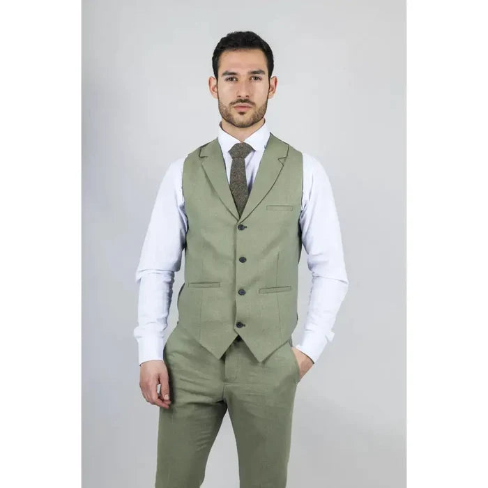 Men's sage green 3-piece linen summer wedding suit featuring a tailored vest, matching pants, and a white dress shirt with a dark tie, perfect for formal occasions.