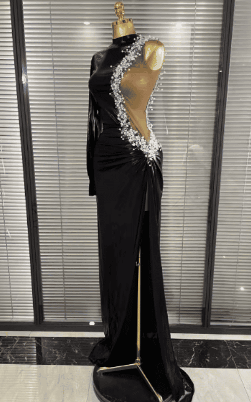 Trixie One Shoulder Beaded Long Sleeve Bodycon Maxi Gown