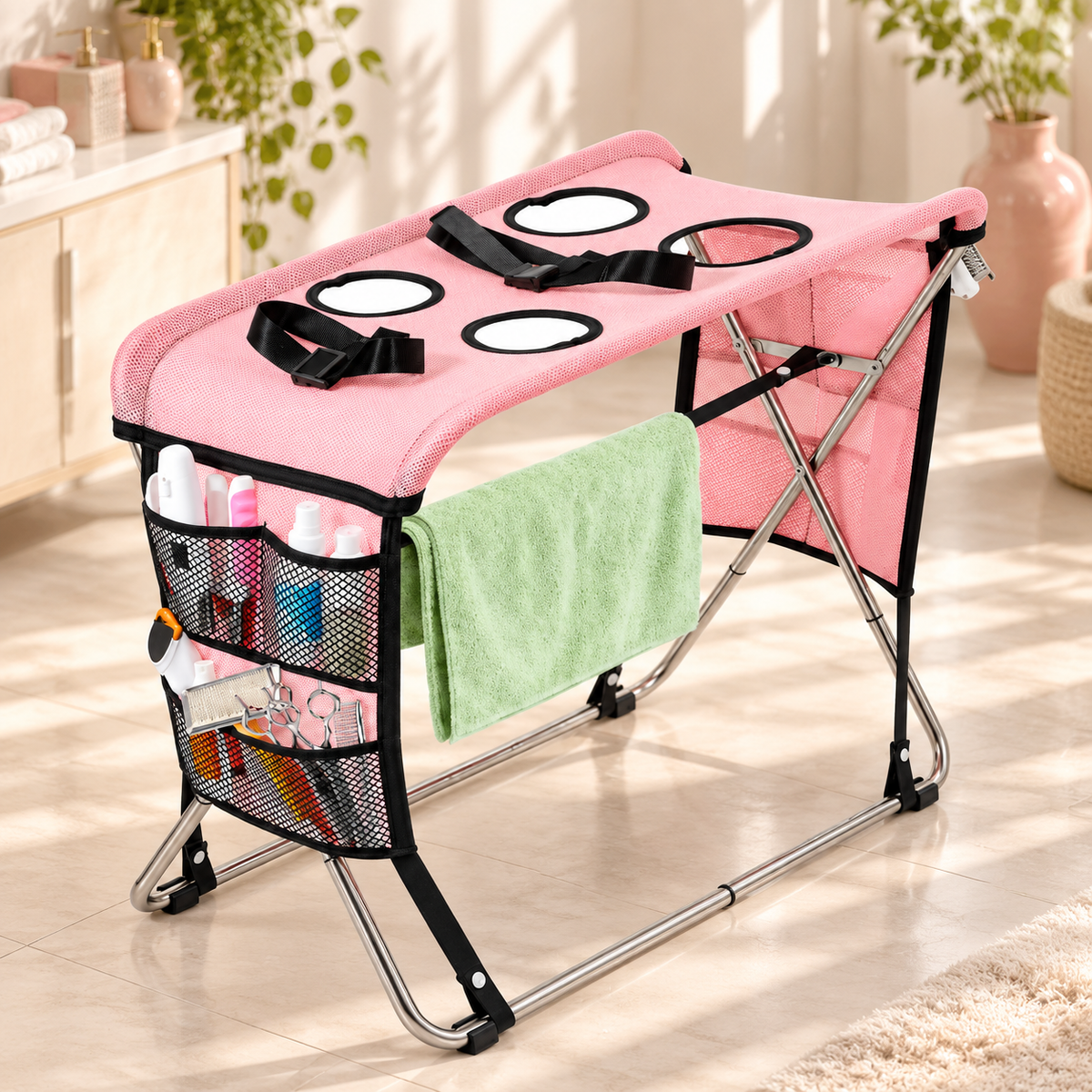 Sturdy Foldable Pet Grooming Table | with Side Tool Storage Pockets & Safety Straps
