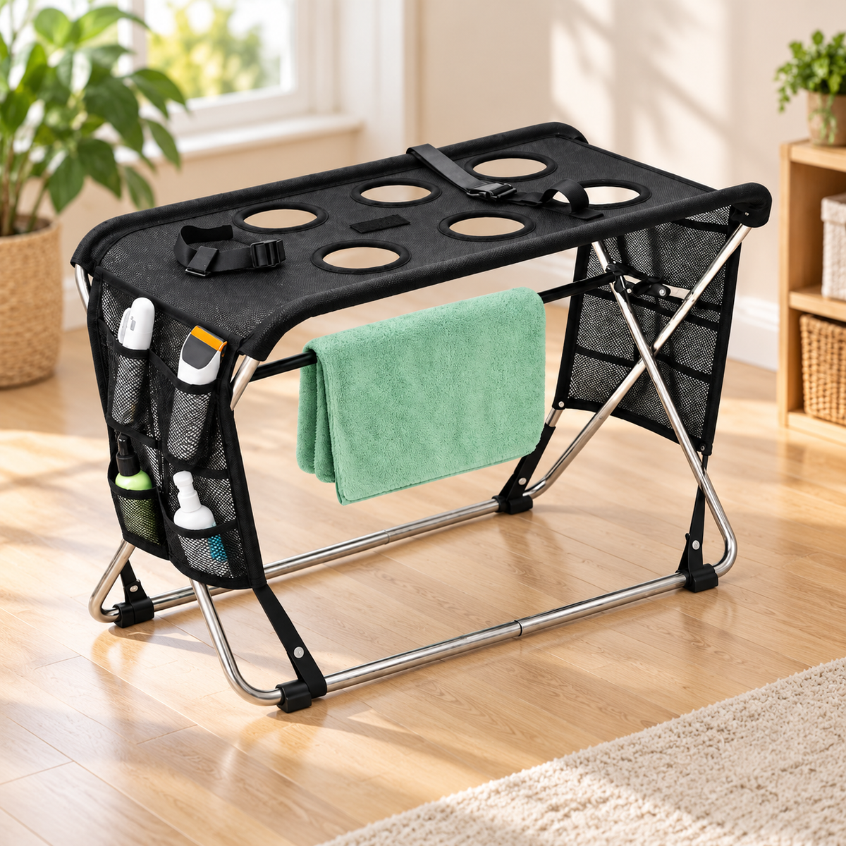 Sturdy Foldable Pet Grooming Table | with Side Tool Storage Pockets & Safety Straps