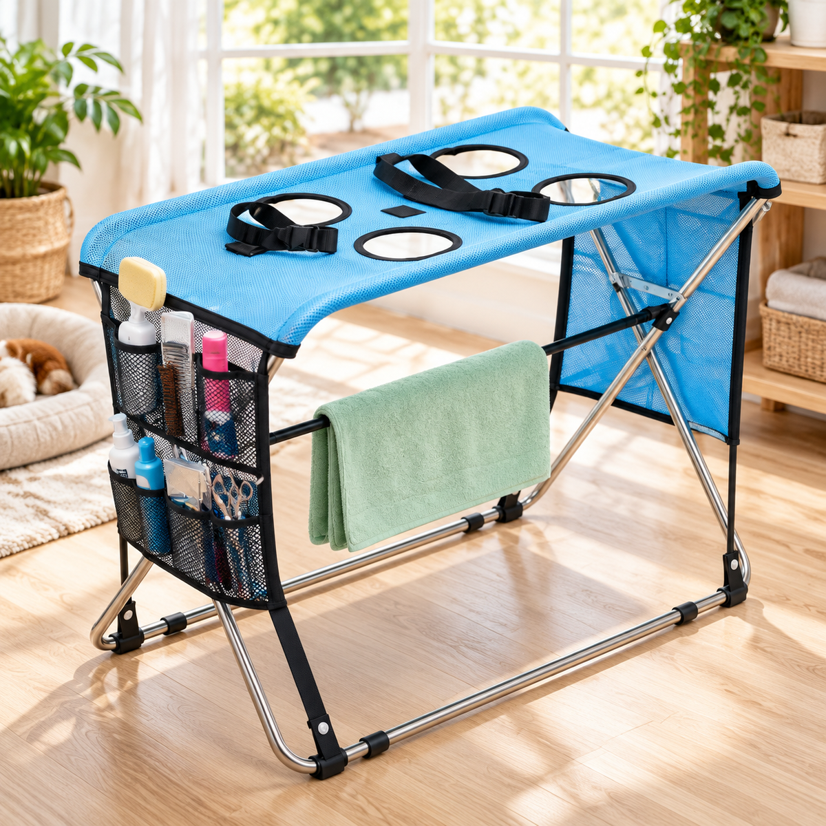 Sturdy Foldable Pet Grooming Table | with Side Tool Storage Pockets & Safety Straps