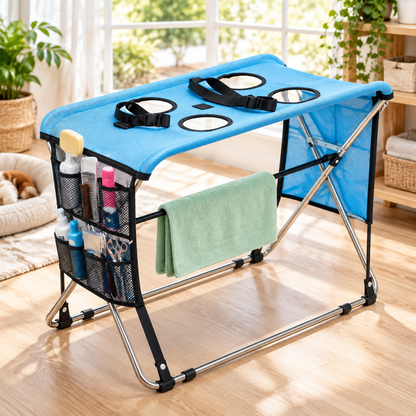 Sturdy Foldable Pet Grooming Table | with Side Tool Storage Pockets & Safety Straps