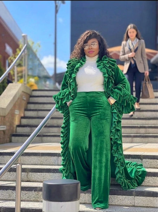 Velvet ruffle duster coat and tailored pants set luxury two piece outfit for women