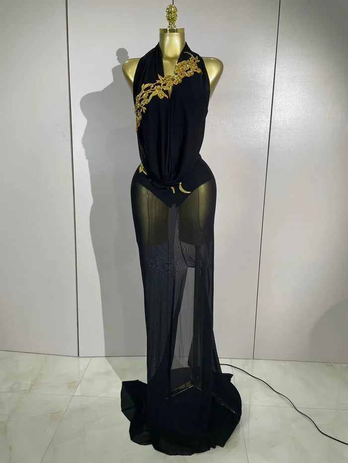 Elegance Sparkly Rhinestone Stretch Bodysuits Long Mesh Dress 2026 New Women Birthday Party Nightclub Bar Dj Sexy Stage Costume