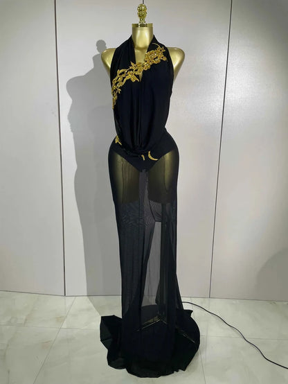 Elegance Sparkly Rhinestone Stretch Bodysuits Long Mesh Dress 2026 New Women Birthday Party Nightclub Bar Dj Sexy Stage Costume