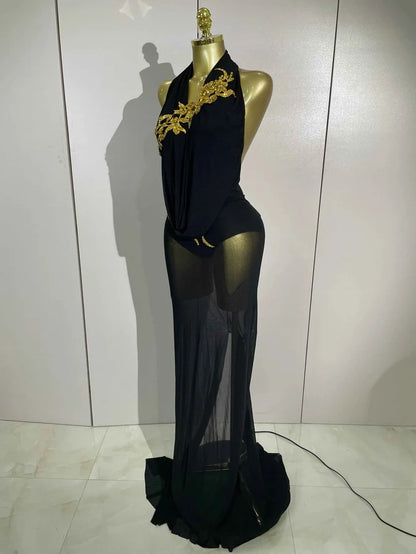 Elegance Sparkly Rhinestone Stretch Bodysuits Long Mesh Dress 2026 New Women Birthday Party Nightclub Bar Dj Sexy Stage Costume