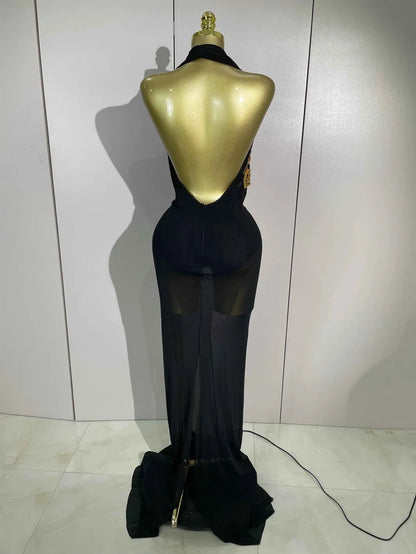 Elegance Sparkly Rhinestone Stretch Bodysuits Long Mesh Dress 2026 New Women Birthday Party Nightclub Bar Dj Sexy Stage Costume