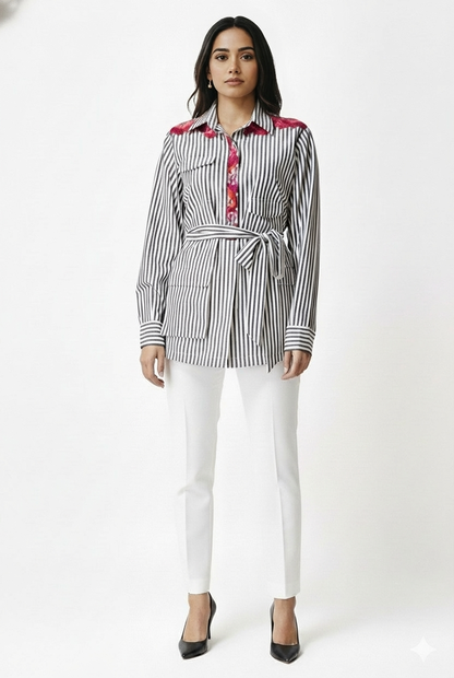 White & Black Stripe Embroidered Shirt