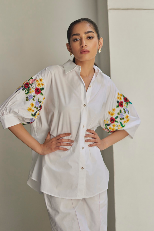 White Bouquet Floral Hand Embroidered Shirt And Pant Set