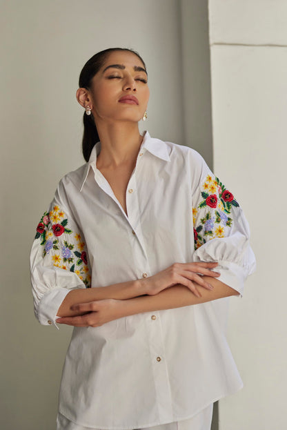White Bouquet Floral Hand Embroidered Shirt And Pant Set