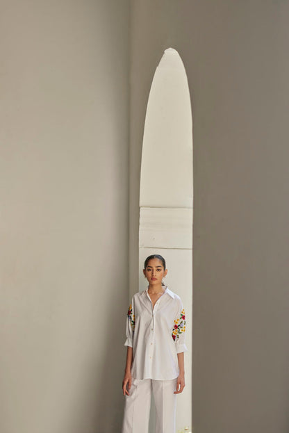 White Bouquet Floral Hand Embroidered Shirt And Pant Set