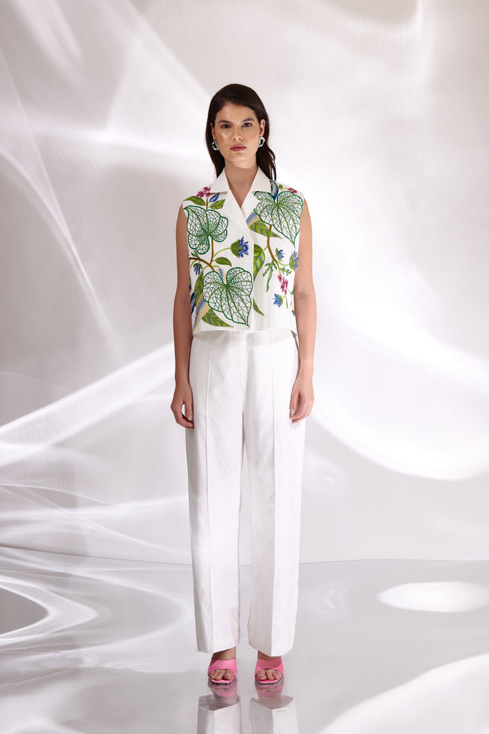 White Floral Embroidered Waistcoat