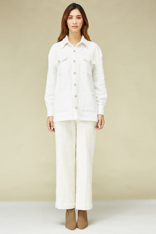 White Handloom Tweed Safari Shirt & Pant Set