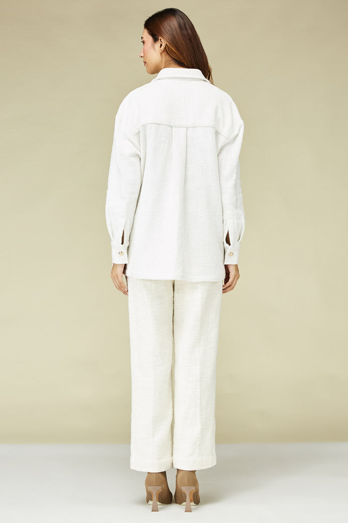 White Handloom Tweed Safari Shirt & Pant Set
