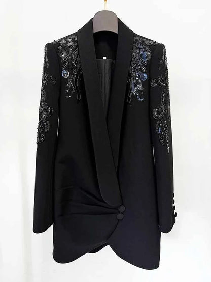 Women’s Shawl Collar Beaded Draped Blazer Dress