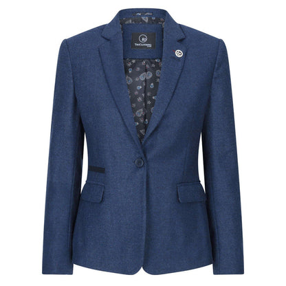 Women's navy blue tweed blazer with tailored fit, notch lapel, single button closure, and contrasting detailing, suitable for smart casual or formal wear.
