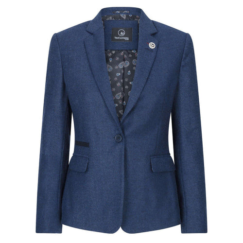 Women's navy blue tweed blazer with tailored fit, notch lapel, single button closure, and contrasting detailing, suitable for smart casual or formal wear.