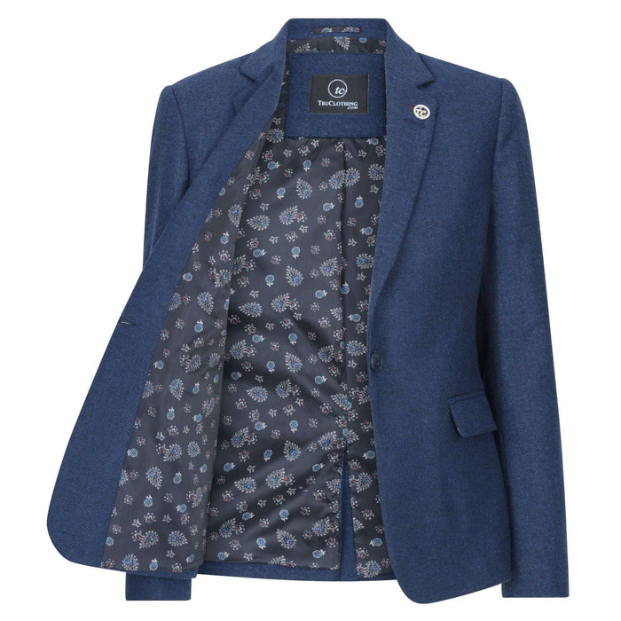Close-up of women's navy blue tweed blazer interior showing black lining with floral paisley pattern and TruClothing label.