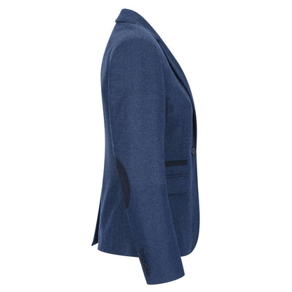 Women's navy blue tweed blazer with structured shoulder, slim fit, and buttoned sleeve cuffs, ideal for vintage-inspired fashion.