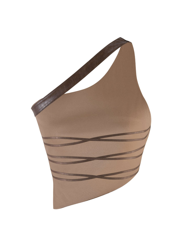 The ZOYA TOP - BROWN by TIGERMIST is an elegant, one-shoulder top featuring a fitted design with dark brown diagonal stripes across the front and a dark brown trim along the neckline. Made from smooth, form-fitting fabric, this top exudes a modern and sophisticated look.